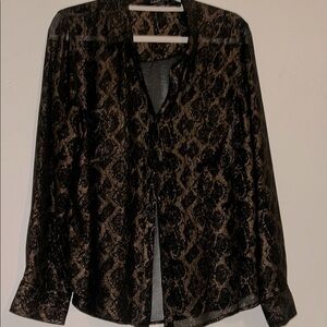 Rock & Republic Black and Shimmery Brown Patterned Long Sleeve Blouse XL